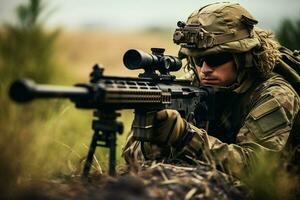 United States Marine Corps special forces soldier with assault rifle in action during mission. ai generated pro photo