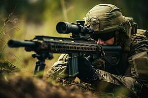 unido estados marina cuerpo especial efectivo soldado con asalto rifle en acción durante misión. ai generado Pro foto