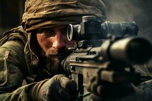 Close-up of man with sniper scope. Selective focus. ai generated pro photo