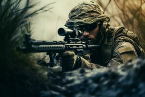 Close-up of man with sniper scope. Selective focus. ai generated pro photo