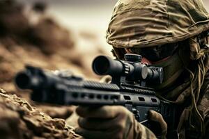 Close-up of man with sniper scope. Selective focus. ai generated pro photo