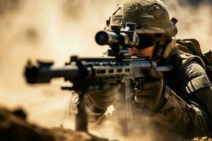 unido estados marina cuerpo especial efectivo soldado con asalto rifle en acción durante misión. ai generado Pro foto