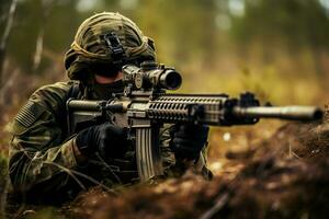 Close-up of man with sniper scope. Selective focus. ai generated pro photo