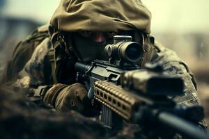 Close-up of man with sniper scope. Selective focus. ai generated pro photo