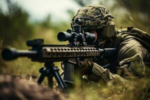 Close-up of man with sniper scope. Selective focus. ai generated pro photo