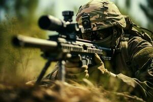 Close-up of man with sniper scope. Selective focus. ai generated pro photo