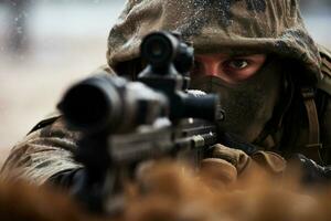 United States Marine Corps special forces soldier with assault rifle in action during mission. ai generated pro photo