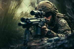 Close-up of man with sniper scope. Selective focus. ai generated pro photo