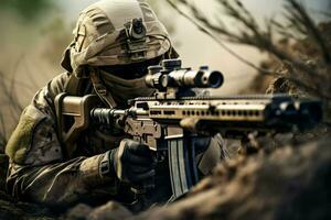 Close-up of man with sniper scope. Selective focus. ai generated pro photo