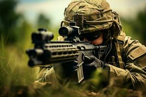 Close-up of man with sniper scope. Selective focus. ai generated pro photo