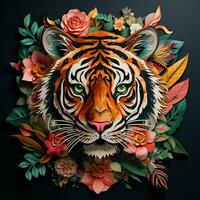 Beautiful tiger with flowers on a dark background. ai generated pro photo