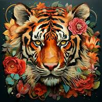 Beautiful tiger with flowers on a dark background. ai generated pro photo