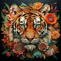 Beautiful tiger with flowers on a dark background. ai generated pro photo