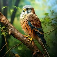 Kestrel sitting on a branch in autumn forest. Wildlife scene from nature. Ai generated pro photo