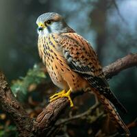 Kestrel sitting on a branch in autumn forest. Wildlife scene from nature. Ai generated pro photo