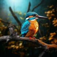 Colorful Kingfisher bird sitting on a branch in the forest. Ai generated pro photo