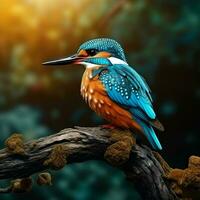 Colorful Kingfisher bird sitting on a branch in the forest. Ai generated pro photo