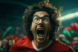 A crazy Portuguese football supporter celebrates. Ai generated pro photo