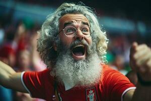 A crazy Portuguese football supporter celebrates. Ai generated pro photo