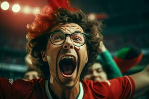 A crazy Portuguese football supporter celebrates. Ai generated pro photo