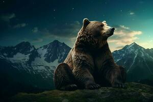 A bear is sitting on the top of a mountain. Ai generated pro photo