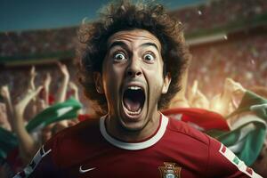 A crazy Portuguese football supporter celebrates. Ai generated pro photo