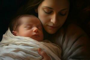 Mother with her newborn baby, Motherhood concept. Ai generated pro photo