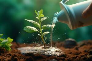 Watering a young green plant in the ground with water droplets. Ai generated pro photo