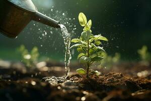 Watering a young green plant in the ground with water droplets. Ai generated pro photo