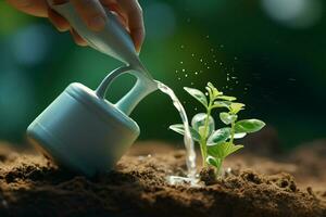 riego un joven verde planta en el suelo con agua gotas. ai generado Pro foto