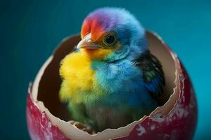 Colorful baby bird in an egg shell. Ai generated pro photo