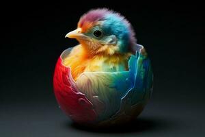 Colorful baby bird in an egg shell. Ai generated pro photo