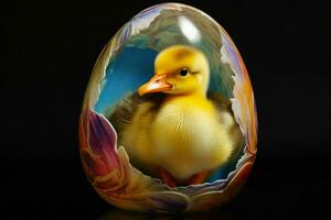 duckling in egg shell on black background, easter decoration. Ai generated pro photo