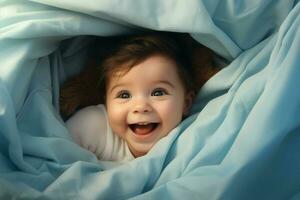 Cute little baby under blanket at home. Happy childhood concept. Ai generated pro photo