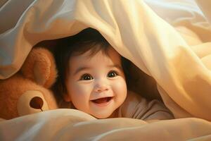 Cute little baby under blanket at home. Happy childhood concept. Ai generated pro photo