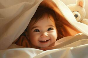 Cute little baby under blanket at home. Happy childhood concept. Ai generated pro photo