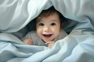 Cute little baby under blanket at home. Happy childhood concept. Ai generated pro photo