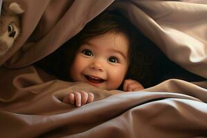 Cute little baby under blanket at home. Happy childhood concept. Ai generated pro photo