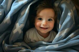 Cute little baby under blanket at home. Happy childhood concept. Ai generated pro photo