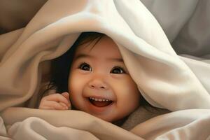 Cute little baby under blanket at home. Happy childhood concept. Ai generated pro photo