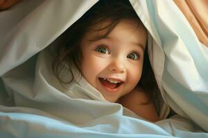 Cute little baby under blanket at home. Happy childhood concept. Ai generated pro photo