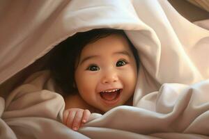 Cute little baby under blanket at home. Happy childhood concept. Ai generated pro photo