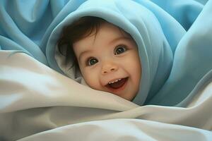 Cute little baby under blanket at home. Happy childhood concept. Ai generated pro photo