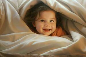 Cute little baby under blanket at home. Happy childhood concept. Ai generated pro photo