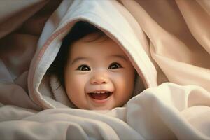 Cute little baby under blanket at home. Happy childhood concept. Ai generated pro photo