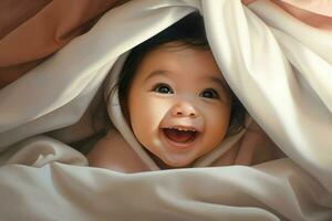 Cute little baby under blanket at home. Happy childhood concept. Ai generated pro photo