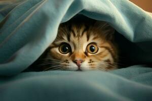 Cute tabby cat hiding under blanket on bed, closeup. Ai generated pro photo