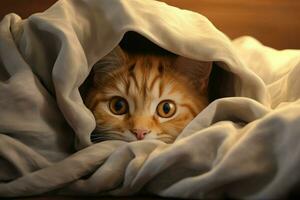 Cute tabby cat hiding under blanket on bed, closeup. Ai generated pro photo