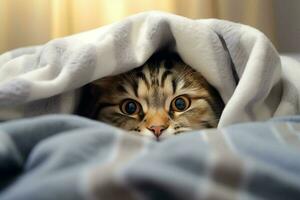 Cute tabby cat hiding under blanket on bed, closeup. Ai generated pro photo