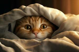 Cute tabby cat hiding under blanket on bed, closeup. Ai generated pro photo